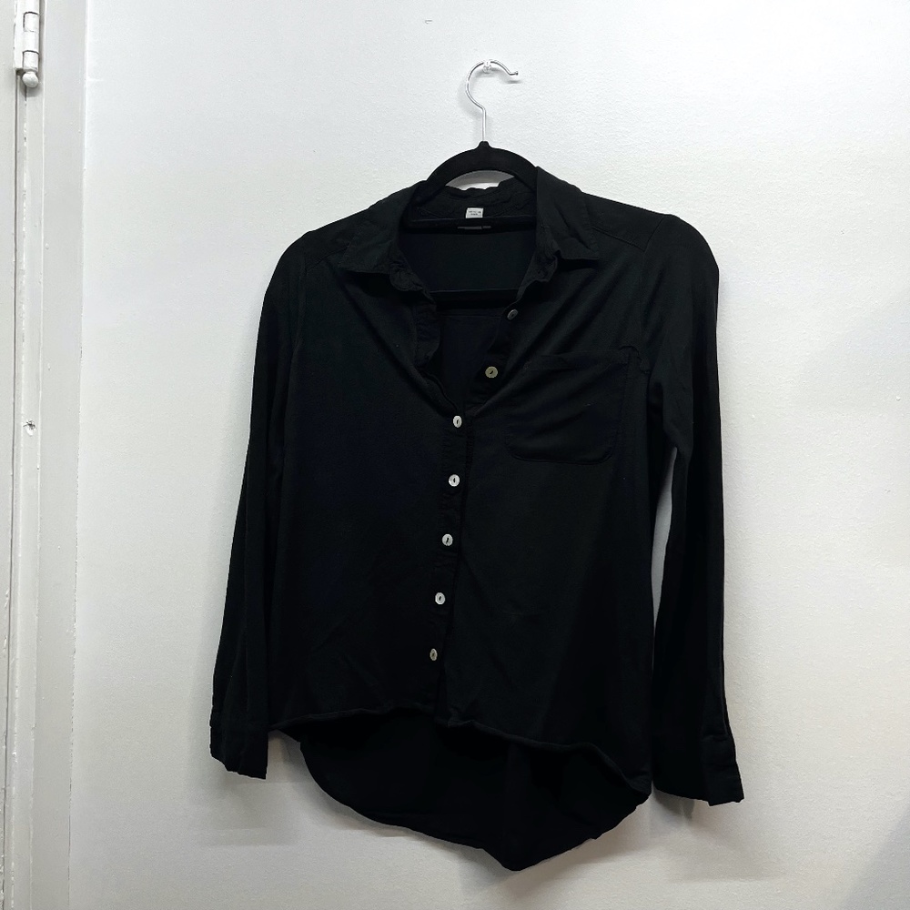 Black Mixed Media Hi-Lo Button-Down Blouse